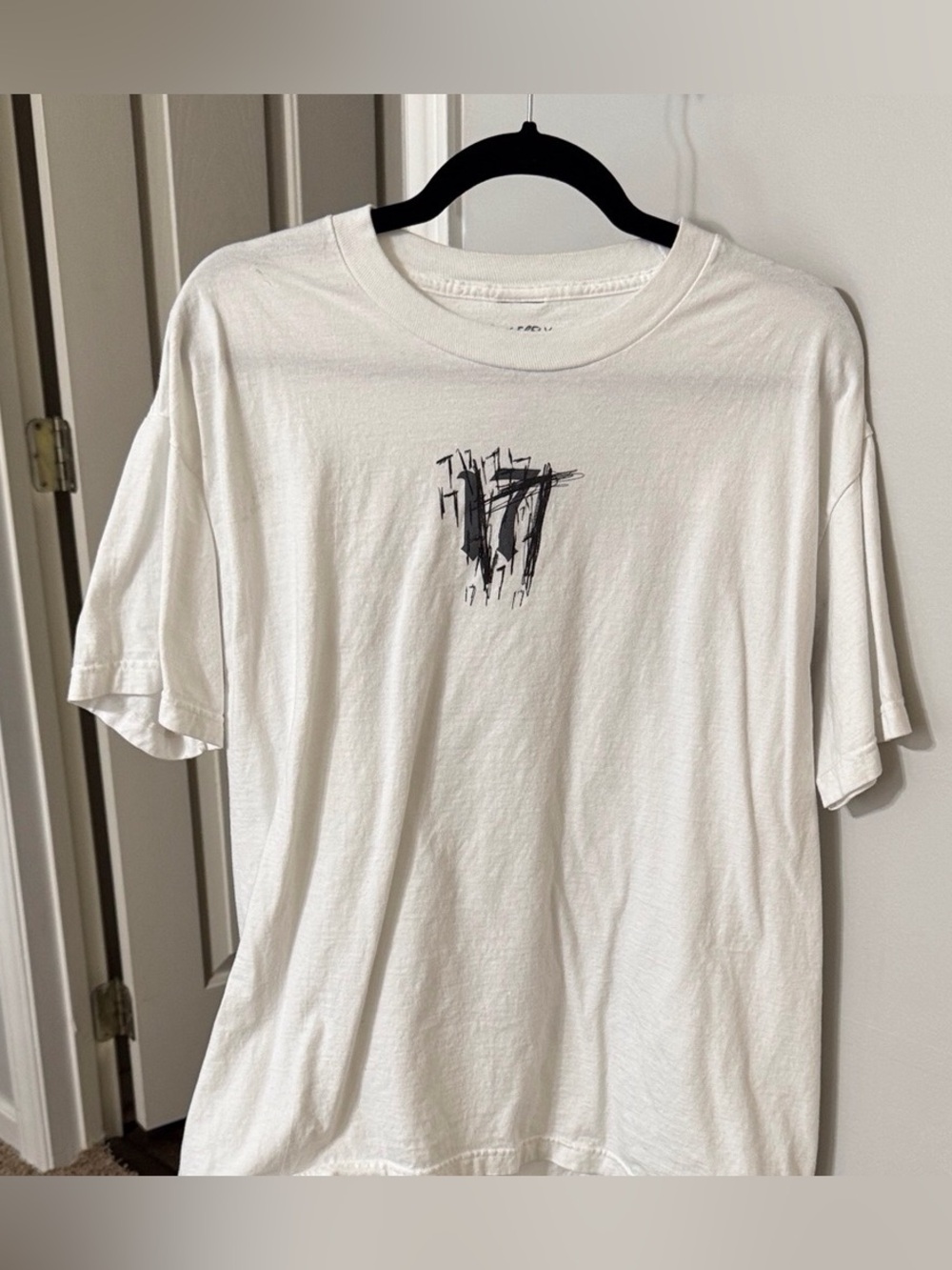 Men's White Short-Sleeve Tee with Minimal Black Abstract Print